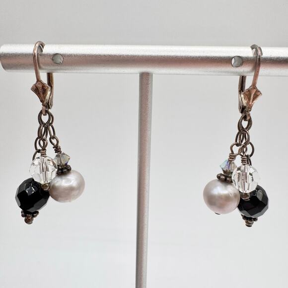 925 Silver Pearl Crystal Glass Beaded Dangle Cha Cha Earrings Black White Boho - Picture 2 of 12